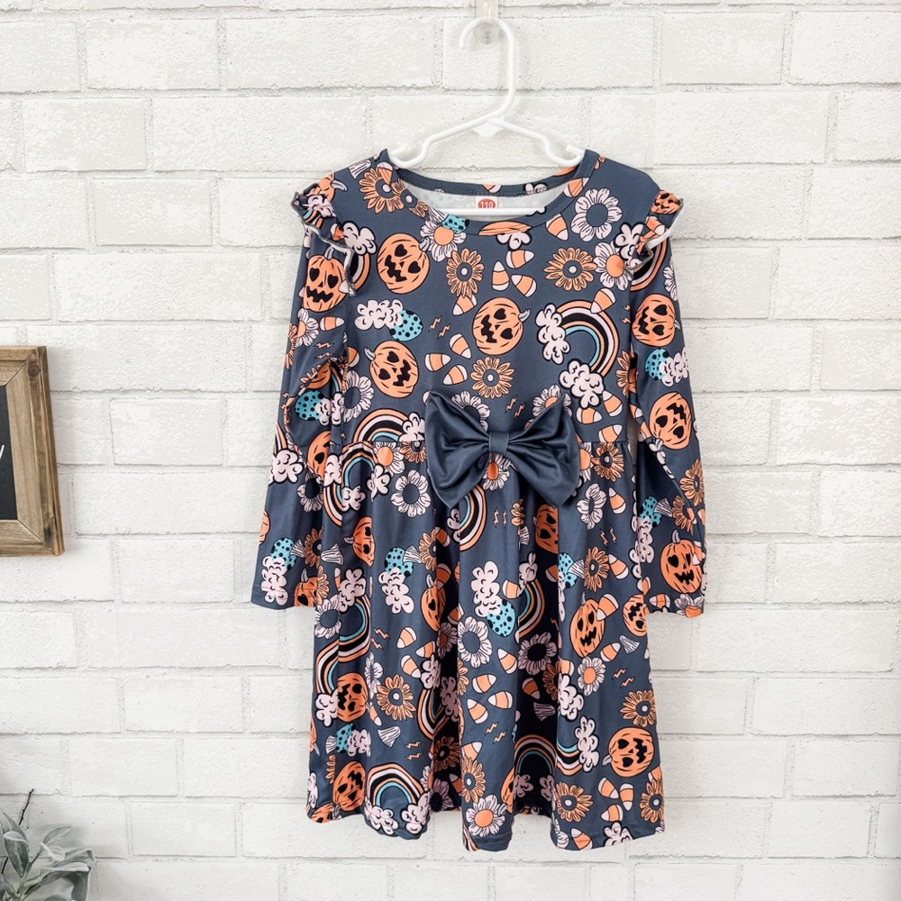Girl’s Halloween Dress with Bow - Gray and Orange